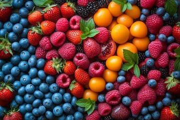 Background of different berries, including blueberries, raspberries and strawberries