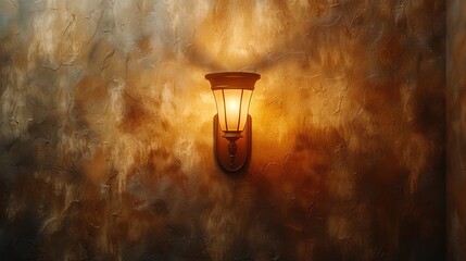 Cinematic perspective of a wall lamp casting a gentle, warm glow, adding a touch of elegance and s - obrazy, fototapety, plakaty