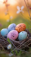 Fototapeta na wymiar Colorful Speckled Easter Eggs Nestled in a Natural Twig Nest