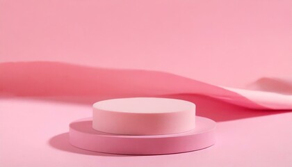 Empty round cylinder pink platform podium for product or cosmetics presentation on pink background. Minimal composition background