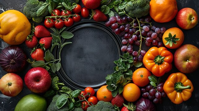 Artfully arranged fruits and vegetables encircle an empty black plate, offering a visually appeali