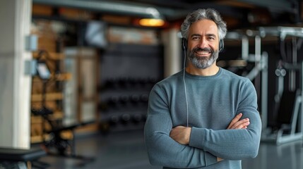 Obraz premium Mature man with headphones in a fitness studio.