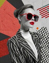abstract and colourful visual elements, red lipstick, fashion manifesto and rock beauty. Black and white woman posing with sunglasses 