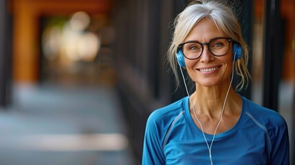 Smiling mature woman with earphones enjoys music outdoors.