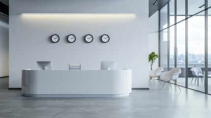Fototapeta premium 3D rendering Empty office reception with three clocks in wall isolated white color. AI generated