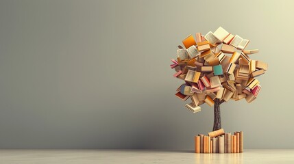 Tree with Books on Minimalist Background. Book, Education, Literacy, Knowledge, Imagination, Banner, Copy Space, Notebook, Page, Creative, Read, Learning, Idea, Reading, Happy
 - obrazy, fototapety, plakaty