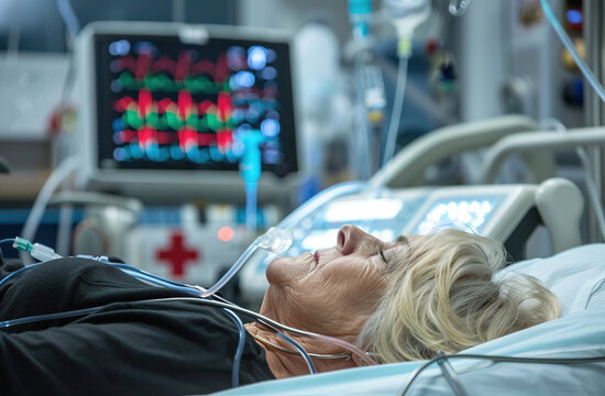 Close-Up Image of Elderly Woman in Hospital Ward with Life Support Equipment