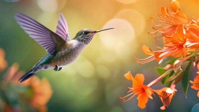Hummingbird gracefully flits among flowers, feeding and hovering with its vibrant ruby-throated beauty