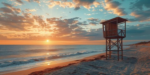 A lifeguard tower on the beach at sunset