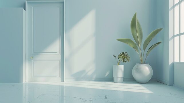 3D rendering empty modern Interior room design in monochrome pastel blue color. AI generated image