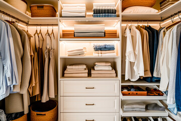 A spacious, well-organized closet with clothing and towels neatly displayed, illuminated by soft lighting.