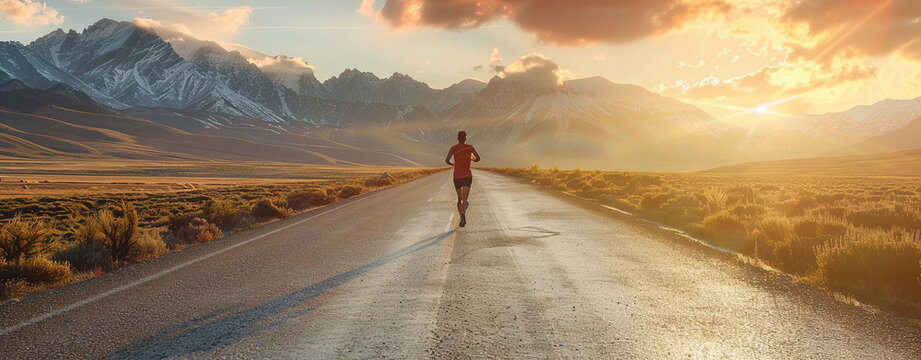 A runner Silhouette wearing sportswear on empty road at sunset and beautifull landscape mountains hills