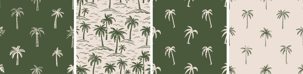 Hand drawn palm tree seamless pattern illustration set. Hawaiian print collection, summer vacation background in vintage art style. Tropical plant painting wallpaper texture. - obrazy, fototapety, plakaty