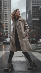 Fototapeta premium Elegant Woman Striding, Urban City Street, Stylish Trench Coat