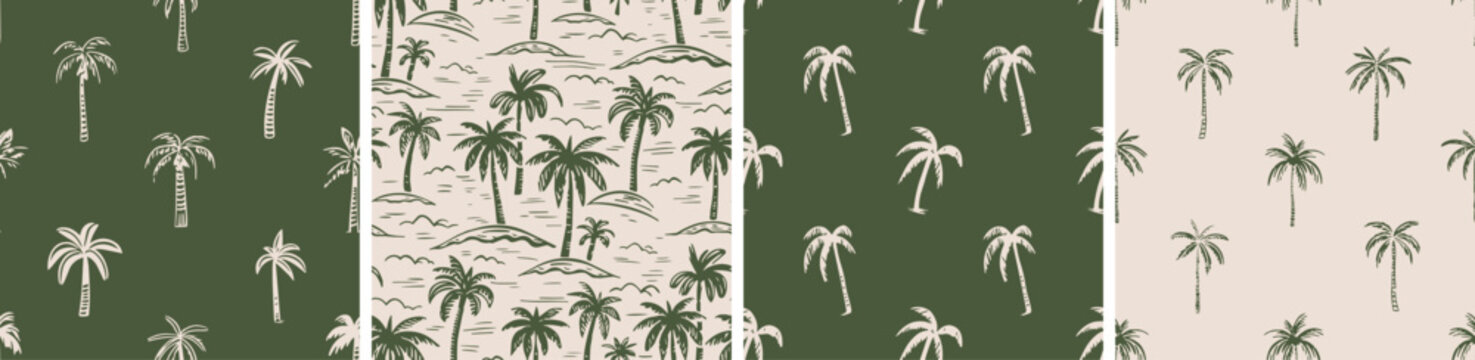 Hand drawn palm tree seamless pattern illustration set. Hawaiian print collection, summer vacation background in vintage art style. Tropical plant painting wallpaper texture.