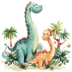 Cartoon dinosaurs and tropical plants. Vector illustration for your design.