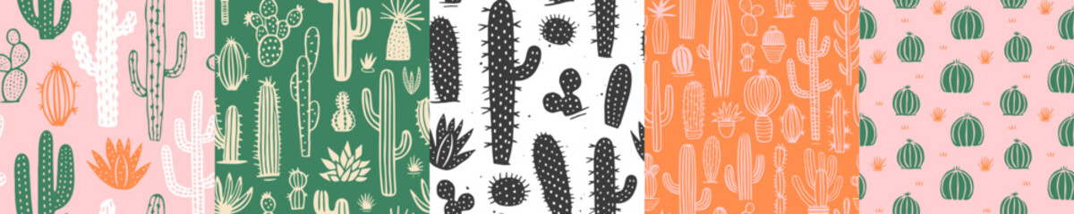 Hand drawn cactus plant doodle seamless pattern set. Vintage style cartoon cacti houseplant background. Nature desert flora texture, garden print. Natural interior graphic decoration wallpaper.