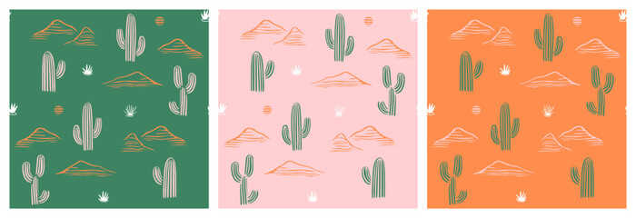 Hand drawn cactus plant doodle seamless pattern set. Vintage style cartoon cacti houseplant background. Nature desert flora texture, garden print. Natural interior graphic decoration wallpaper. © Dedraw Studio