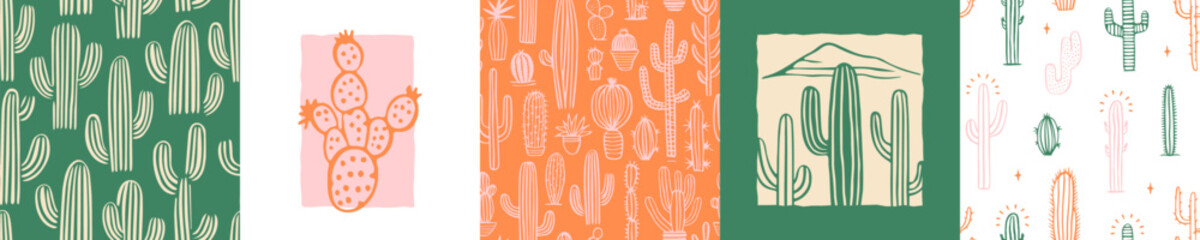 Hand drawn cactus plant doodle seamless pattern set. Vintage style cartoon cacti houseplant background. Nature desert flora texture, garden print. Natural interior graphic decoration poster bundle.