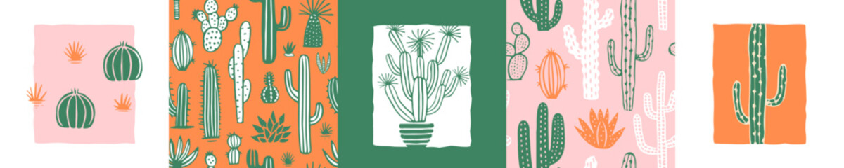 Hand drawn cactus plant doodle seamless pattern set. Vintage style cartoon cacti houseplant background. Nature desert flora texture, garden print. Natural interior graphic decoration poster bundle. © Dedraw Studio