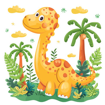 Cute cartoon dinosaur in the jungle. Vector illustration of a wild animal.