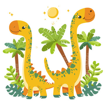 Cute dinosaurs with palm trees and sun. Vector cartoon illustration.