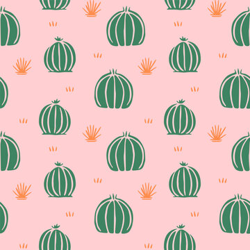 Hand drawn cactus plant doodle seamless pattern. Vintage style cartoon cacti houseplant background. Nature desert flora texture, mexican garden print. Natural interior graphic decoration wallpaper.