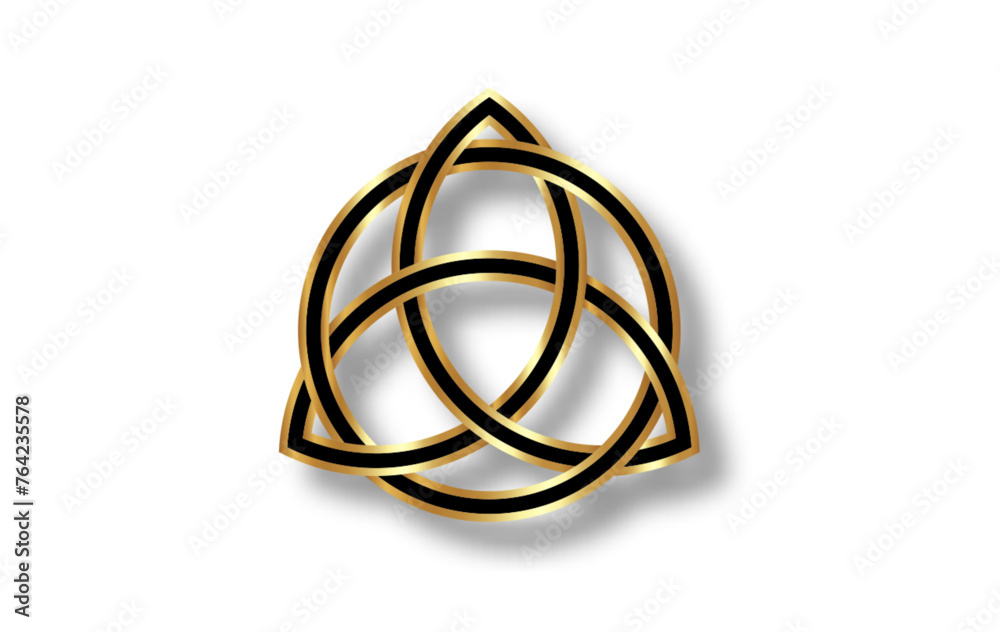 Wall mural triquetra geometric logo, gold trinity knot, wiccan symbol for protection. vector golden and black c