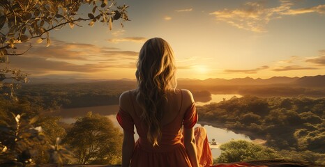 a woman sitting on a rock looking out at a river at sunset - obrazy, fototapety, plakaty