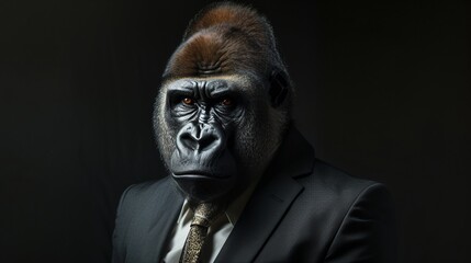 a gorilla wearing a suit and tie with a black background - obrazy, fototapety, plakaty