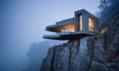 modern house is perched on a rocky cliff overlooking a lake on a foggy day.