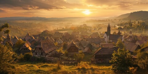 Landscape photography of a village in the germanic countryside in the middle ages, cinematic, sunrise - obrazy, fototapety, plakaty