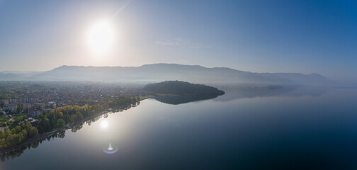 Ohrid Lake in North Macedonia. Beautiful Sunlight and Mountain in Background