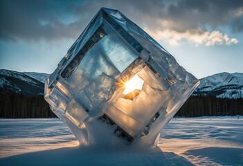 large, clear ice cube sits in the snow, with the sun shining through it. The sky is blue with clouds.