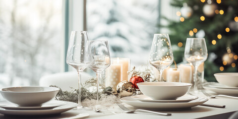 Fototapeta premium Christmas decor in kitchen. Christmas tableware. Christmas cooking utensils. White interior of New Year's kitchen background. New Year card template. Christmas tree in kitchen