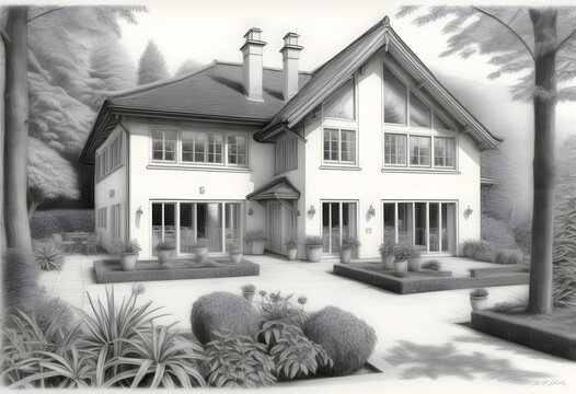 Skitze von einem grossen alten renovierten luxuri&ouml;sen Haus mit grossen Fensterfronten und einem sch&ouml;nen Vorgarten.