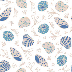 Shells seamless pattern. Summer, beach, sea life, ocean, travel, vacation elegant repeat background. Fabric, paper design.