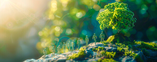 A small tree stands tall on a rock, defying the odds of its harsh environment. The roots cling tightly to the rocky surface, showcasing natures resilience. Banner. Copy space - obrazy, fototapety, plakaty
