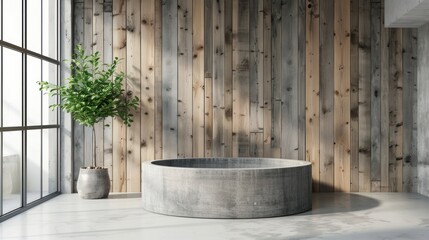 Luxury wooden bathroom interior design with round tub, round sink and jug. AI generated image