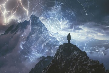 lone figure standing atop mountain peak, swirling vortex of bitcoin, stormy sky overhead crackling with lightning. disruptive potential of decentralized finance in reshaping the financial landscape. - obrazy, fototapety, plakaty