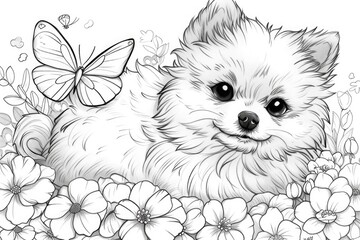 A small white dog laying in a field of flowers, coloring book for kids.
