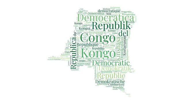 DR Congo shape word cloud animation. Country boundary filled with country names animated. DR Congo presentation video.