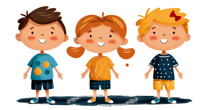 Cheerful Children with smiles in a cute and cartoon style clipart. Expression of friendliness and joy.
Concept: template for children's applications and books, advertising for children's clothing.
