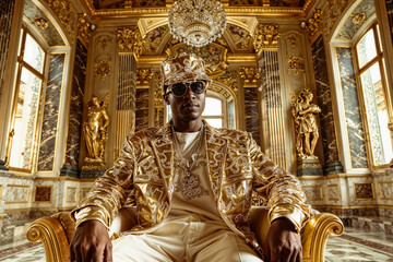 Stylish rapper exudes opulence in a luxurious gold-adorned room - obrazy, fototapety, plakaty