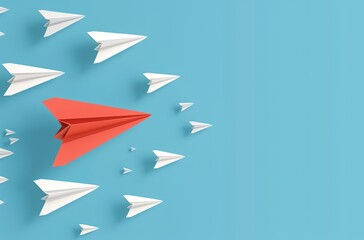 a red paper airplane surrounded by white paper airplanes on a blue background