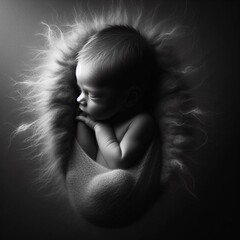 Fotografia artística estilo newborn em preto e branco e iluminação dramática.