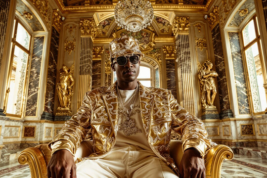 Stylish rapper exudes opulence in a luxurious gold-adorned room