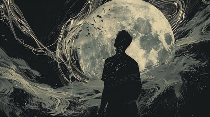 a man standing in front of a full moon with a black and white background