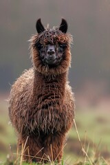 Fototapeta premium A fluffy alpaca munching on grass in a field