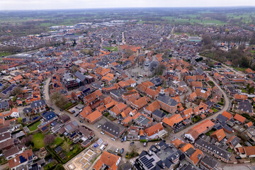 Artistic Dutch town Ootmarsum seen from above. Aerial of historic countryside town in Twente, The Netherlands